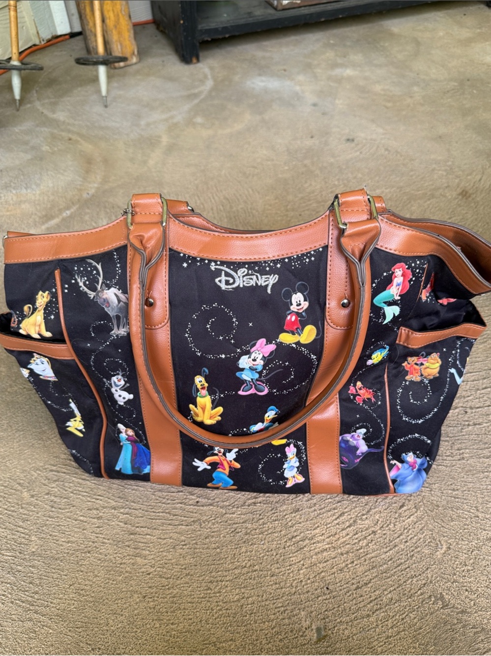 The Bradford Exchange Black Tote with Brown Trim and Disney Character Print